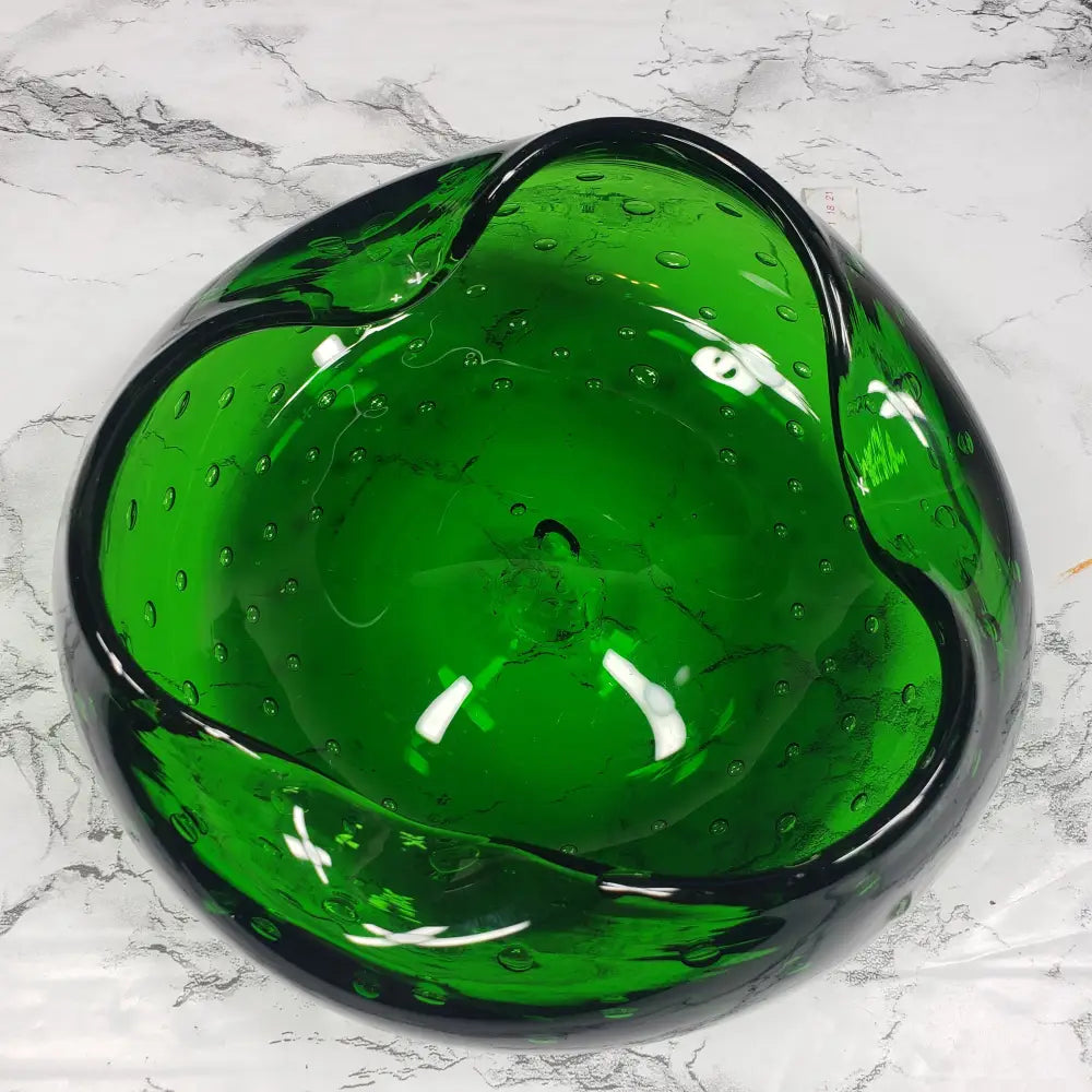 Blenko Bullicante Emerald Glass Crimped Rim Bowl Vintage Decor