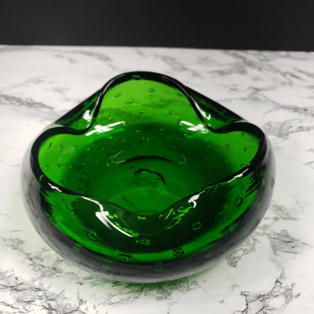 Blenko Bullicante Emerald Glass Crimped Rim Bowl Vintage Decor