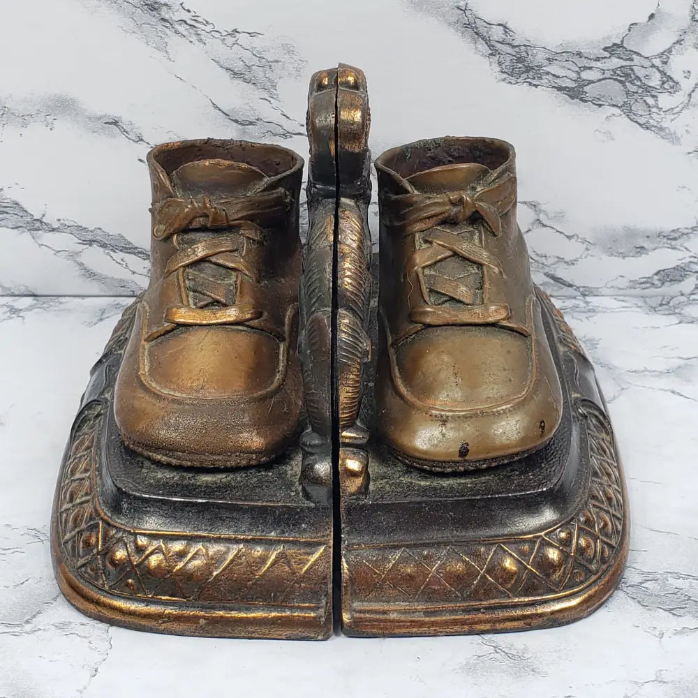 Bookend Pair Bronze Baby Shoes Vintage Decor