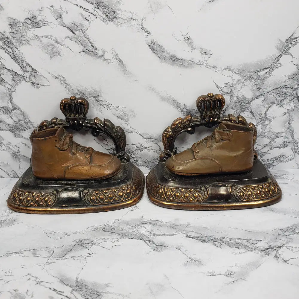 Bookend Pair Bronze Baby Shoes Vintage Decor