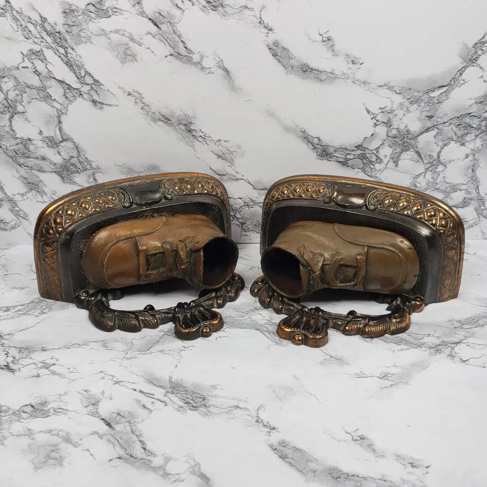 Bookend Pair Bronze Baby Shoes Vintage Decor