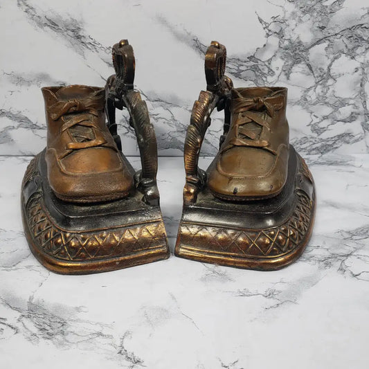 Bookend Pair Bronze Baby Shoes Vintage Decor