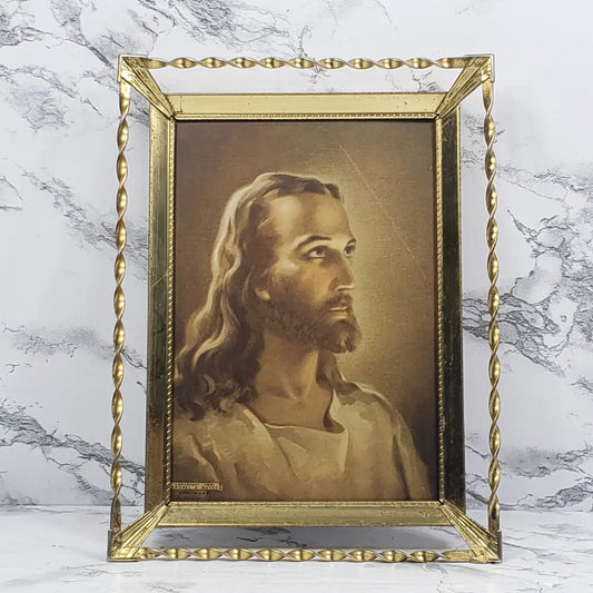 Brass Framed 1941 Jesus Lithograph Decor