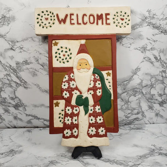 Christmas Santa Welcome Sign Hand Carved Wood Vintage Decor