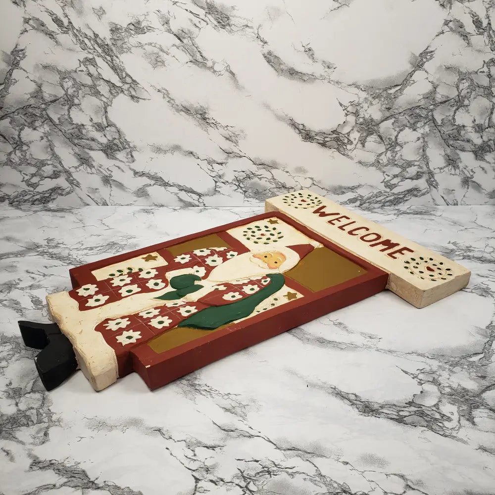 Christmas Santa Welcome Sign Hand Carved Wood Vintage Decor