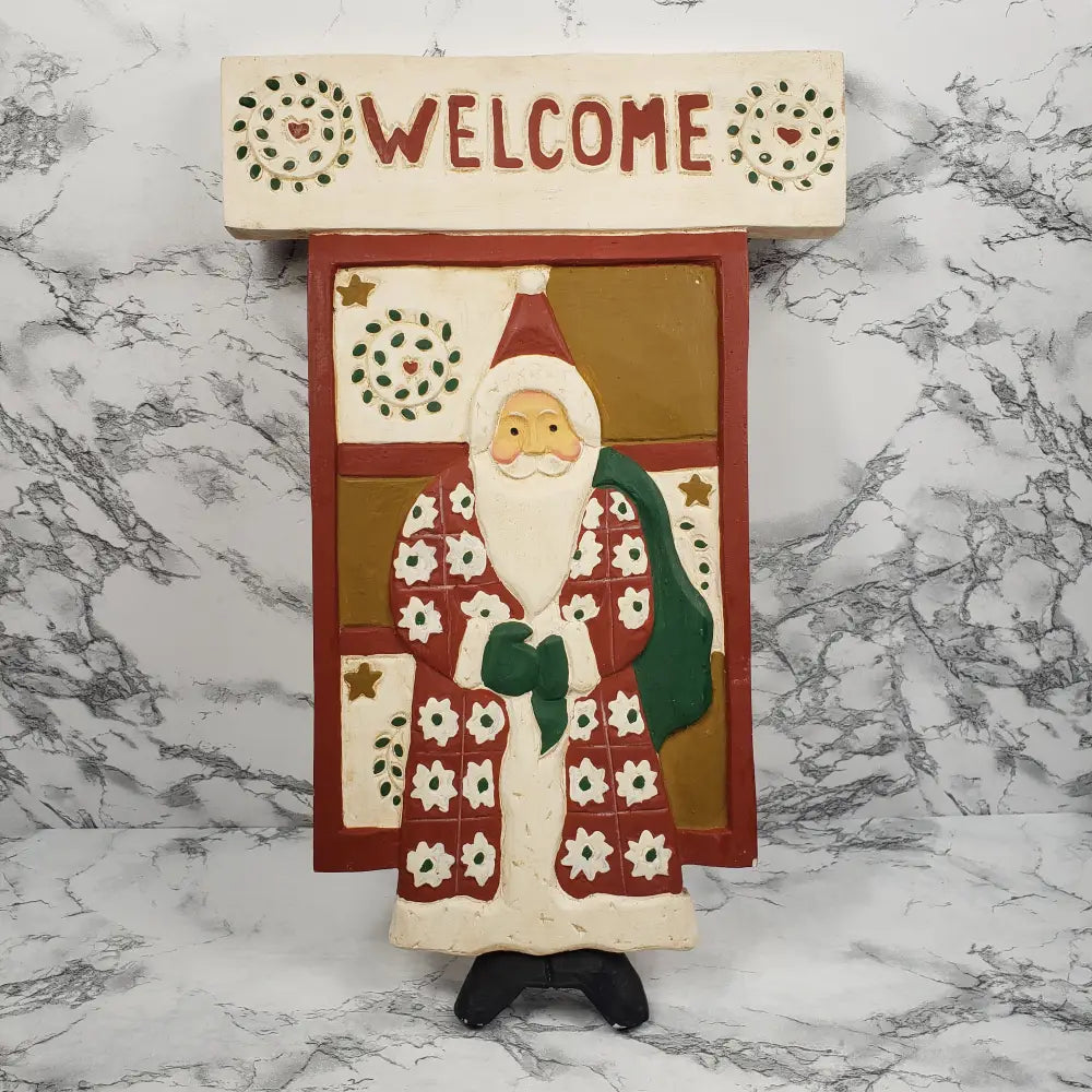 Christmas Santa Welcome Sign Hand Carved Wood Vintage Decor