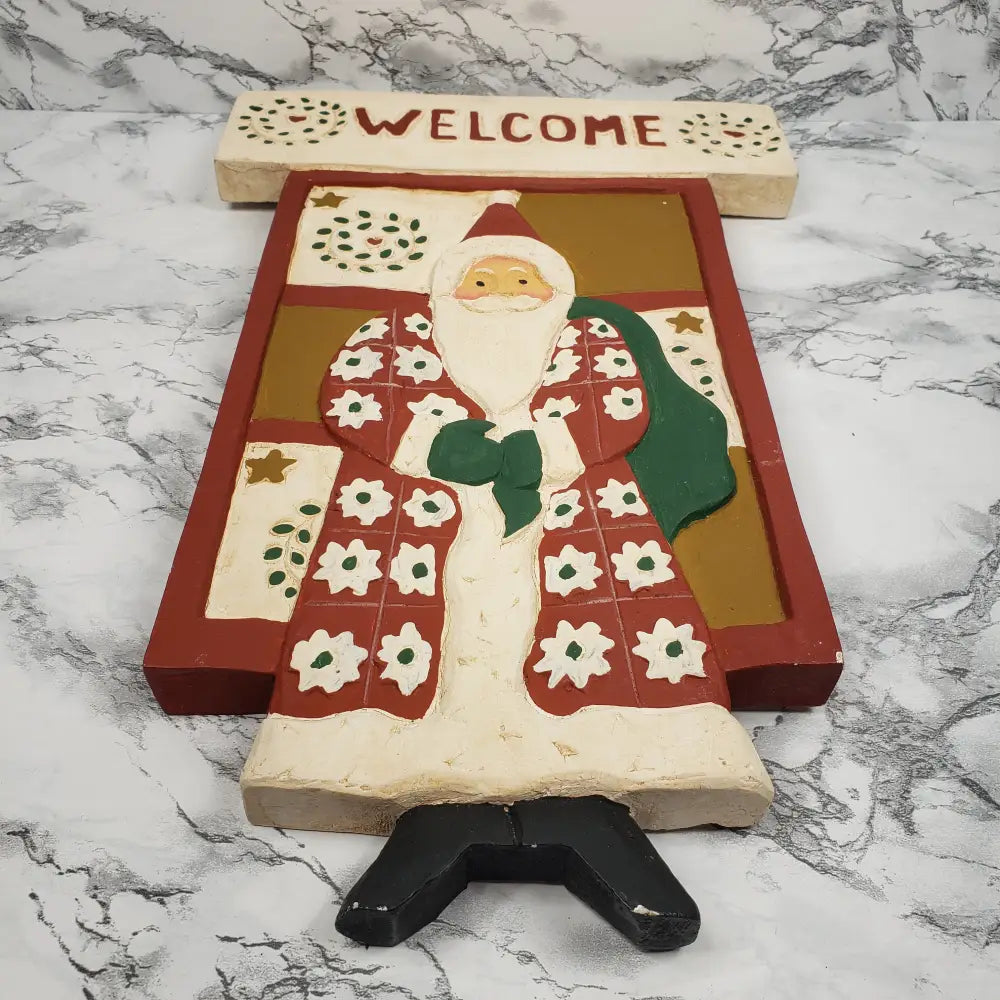 Christmas Santa Welcome Sign Hand Carved Wood Vintage Decor
