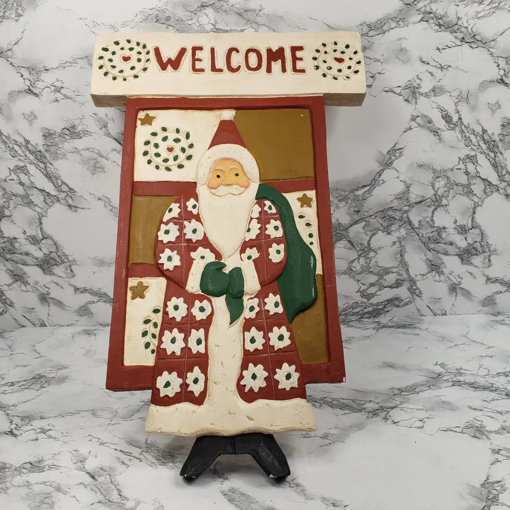 Christmas Santa Welcome Sign Hand Carved Wood Vintage Decor