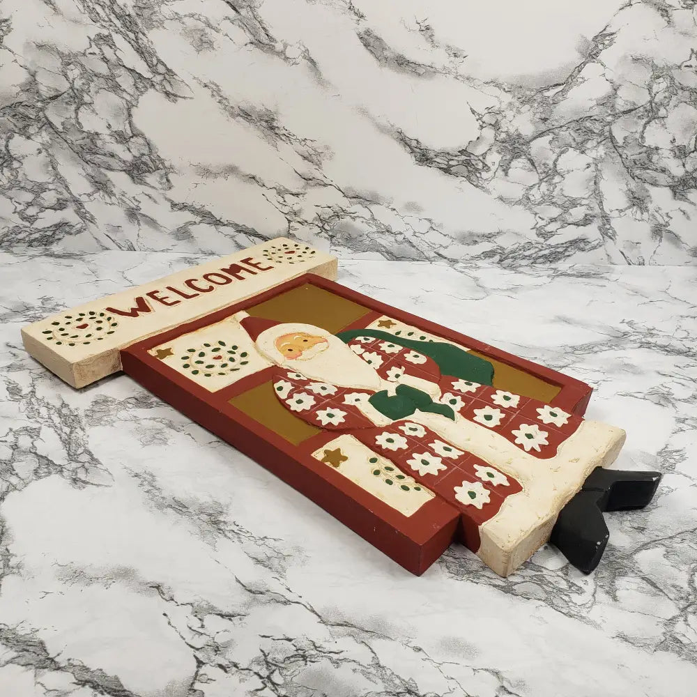 Christmas Santa Welcome Sign Hand Carved Wood Vintage Decor
