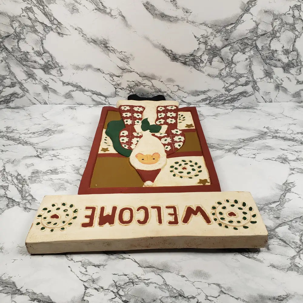 Christmas Santa Welcome Sign Hand Carved Wood Vintage Decor