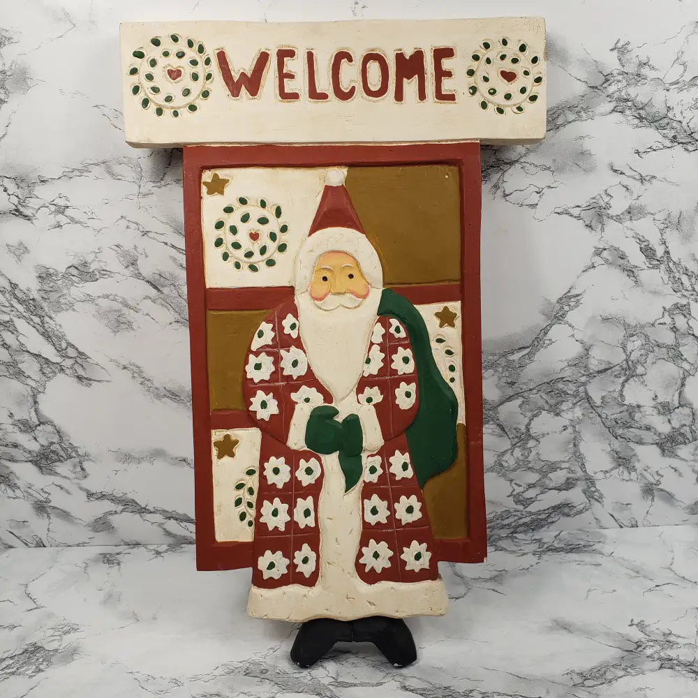 Christmas Santa Welcome Sign Hand Carved Wood Vintage Decor