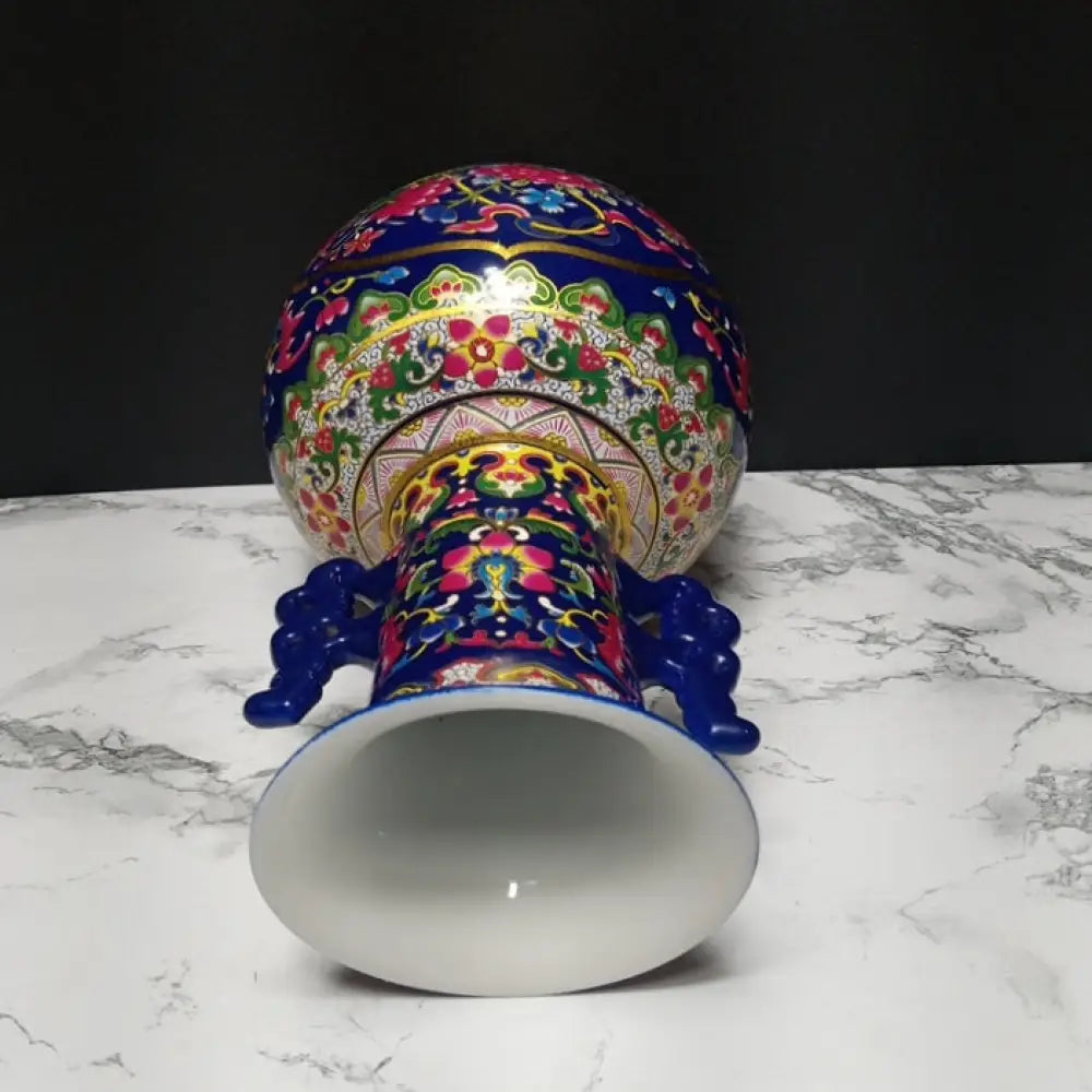 Cobalt Blue Chinese Porcelain Double Handled Vase ( Vintage ) Decor