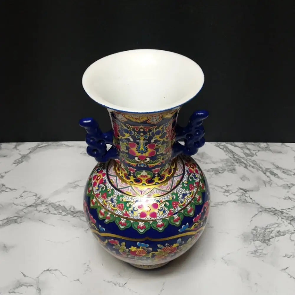 Cobalt Blue Chinese Porcelain Double Handled Vase ( Vintage ) Decor