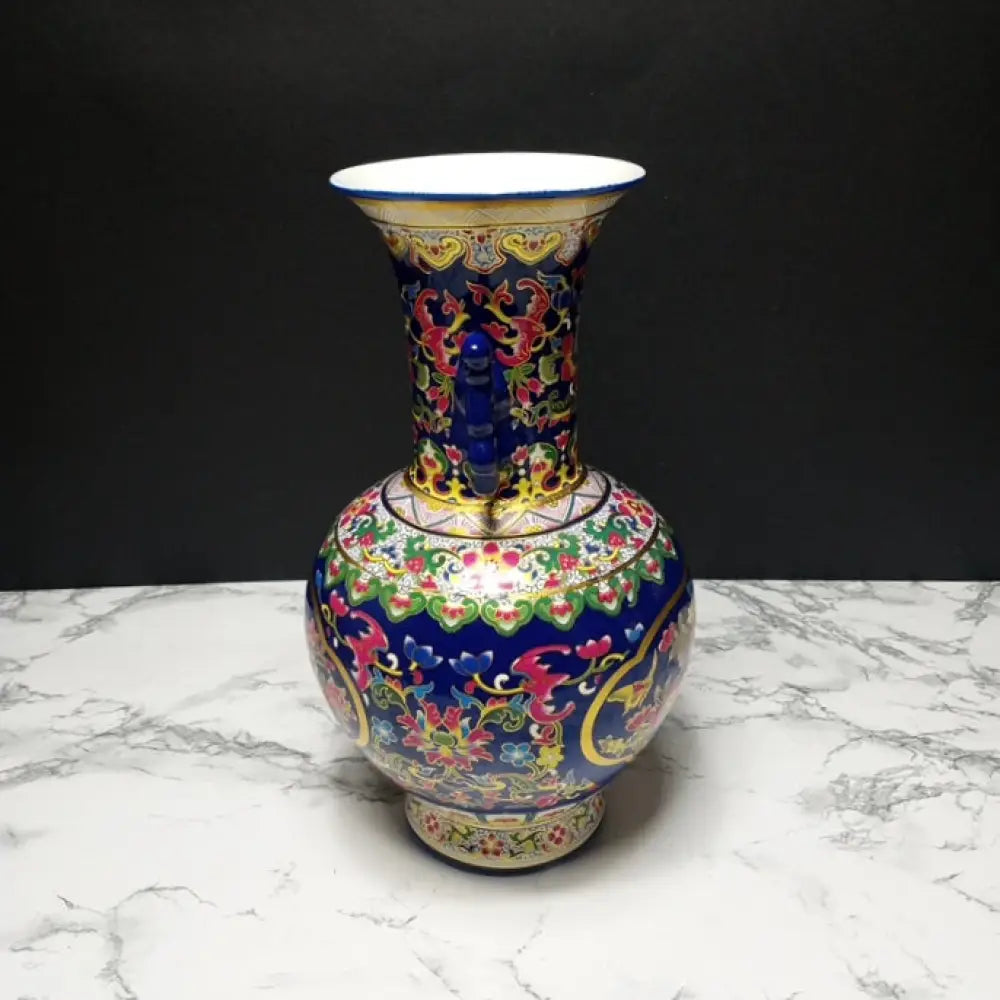 Cobalt Blue Chinese Porcelain Double Handled Vase ( Vintage ) Decor