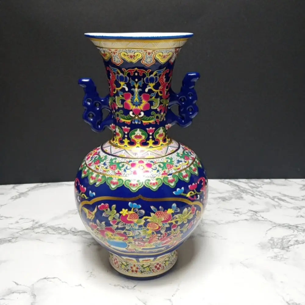 Cobalt Blue Chinese Porcelain Double Handled Vase ( Vintage ) Decor