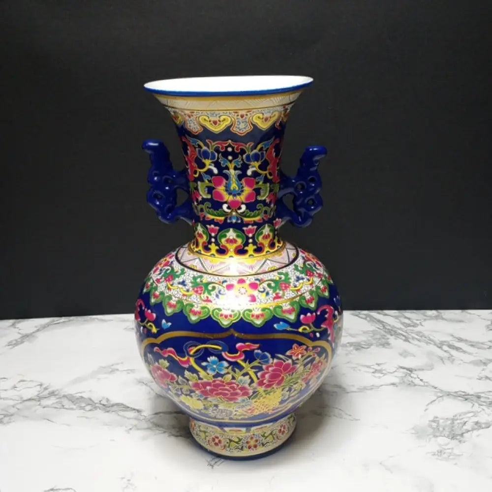 Cobalt Blue Chinese Porcelain Double Handled Vase ( Vintage ) Decor