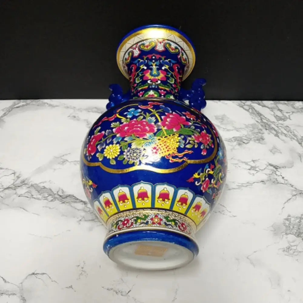 Cobalt Blue Chinese Porcelain Double Handled Vase ( Vintage ) Decor