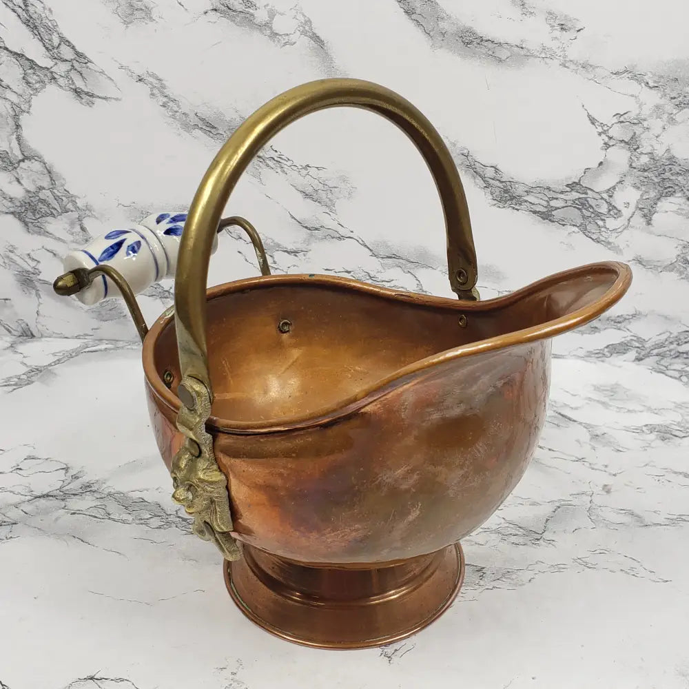 Copper And Brass Delft Handle Coal Bucket Planter Pot Vintage Decor