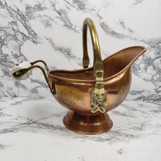 Copper And Brass Delft Handle Coal Bucket Planter Pot Vintage Decor
