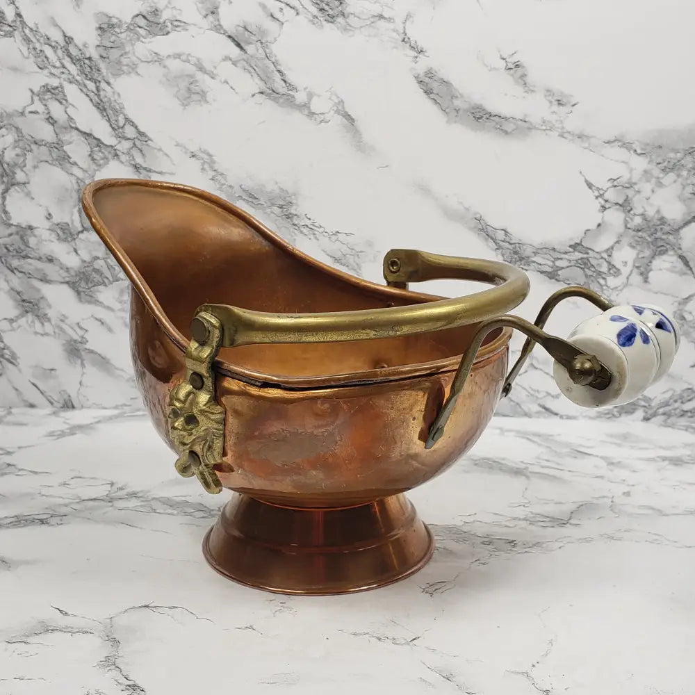 Copper And Brass Delft Handle Coal Bucket Planter Pot Vintage Decor