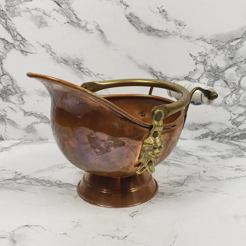 Copper And Brass Delft Handle Coal Bucket Planter Pot Vintage Decor
