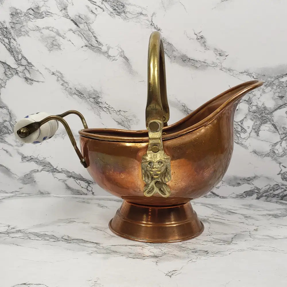 Copper And Brass Delft Handle Coal Bucket Planter Pot Vintage Decor