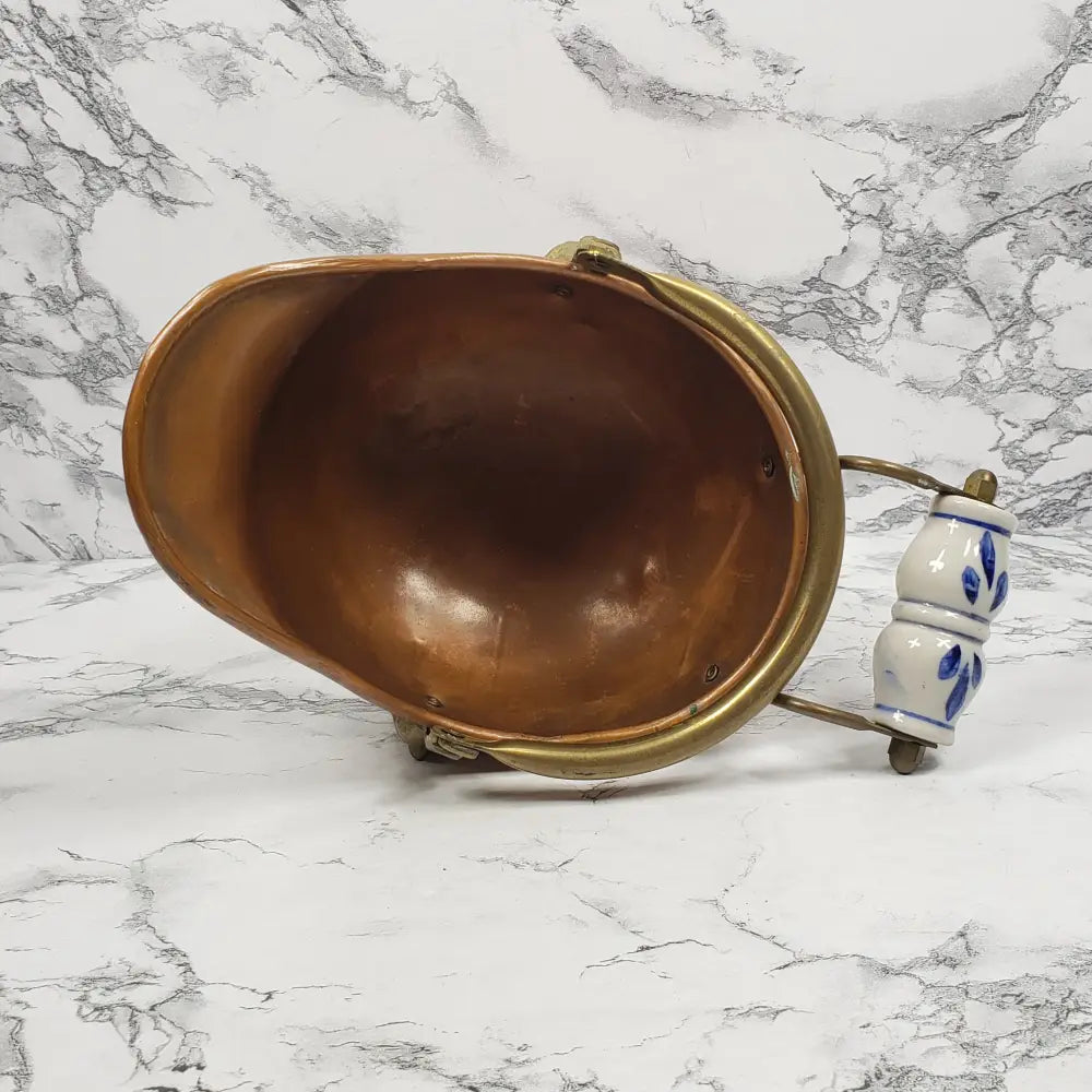 Copper And Brass Delft Handle Coal Bucket Planter Pot Vintage Decor