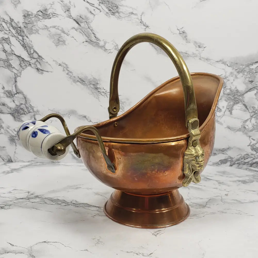 Copper And Brass Delft Handle Coal Bucket Planter Pot Vintage Decor