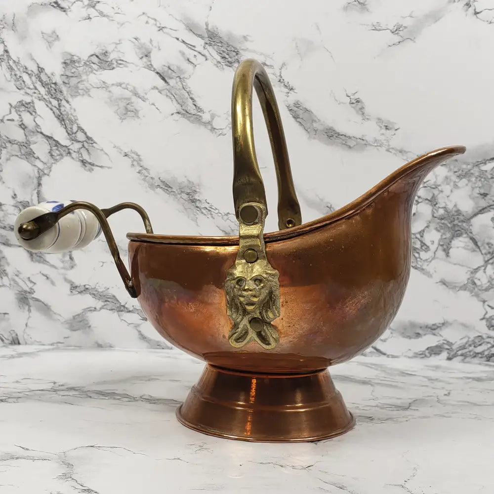 Copper And Brass Delft Handle Coal Bucket Planter Pot Vintage Decor