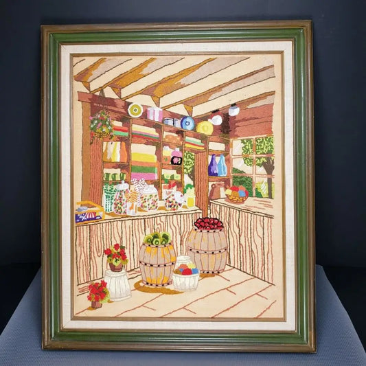 Crewel Needlework Embroidery Large Framed Vintage - Decor