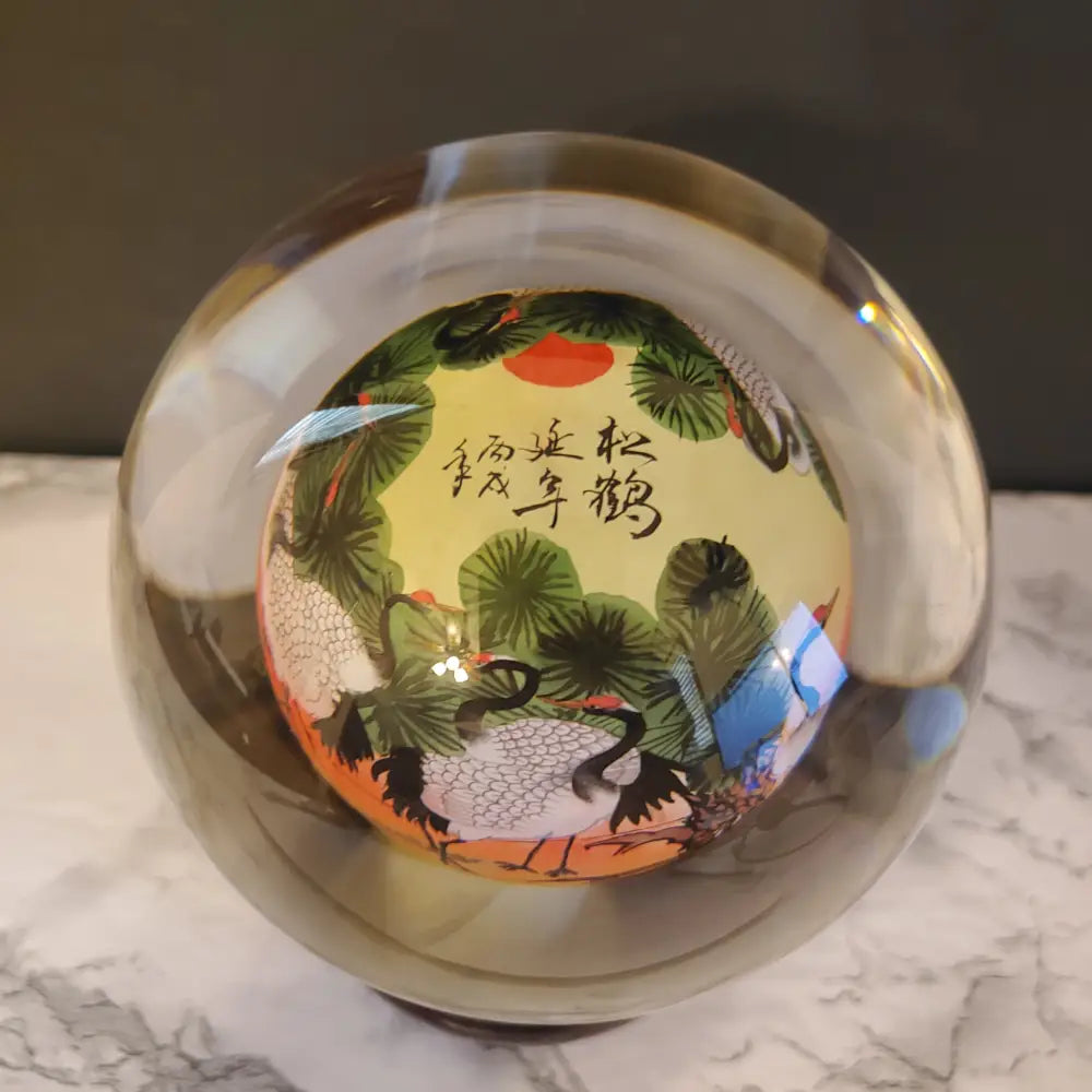 Crystal Ball Reverse Painted Heron Art Asian Vintage Decor