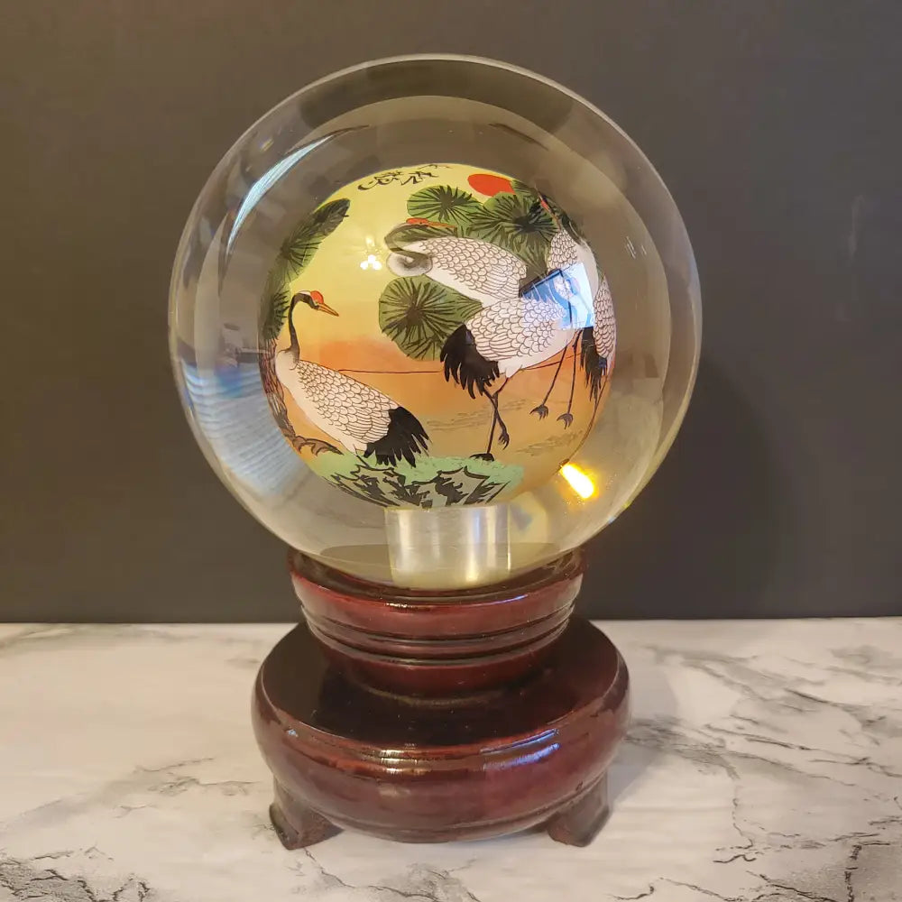 Crystal Ball Reverse Painted Heron Art Asian Vintage Decor