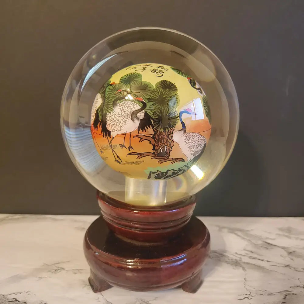 Crystal Ball Reverse Painted Heron Art Asian Vintage Decor