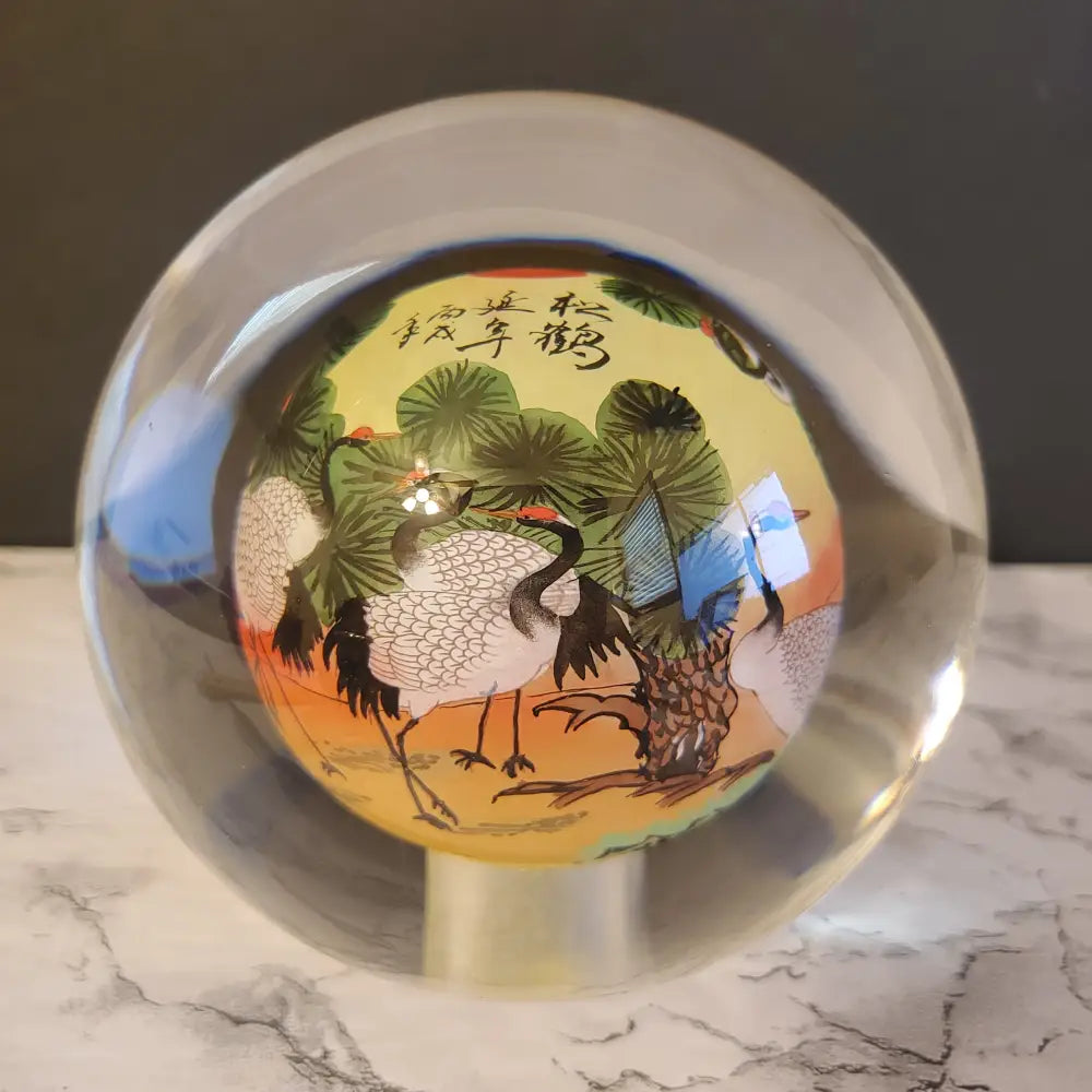 Crystal Ball Reverse Painted Heron Art Asian Vintage Decor