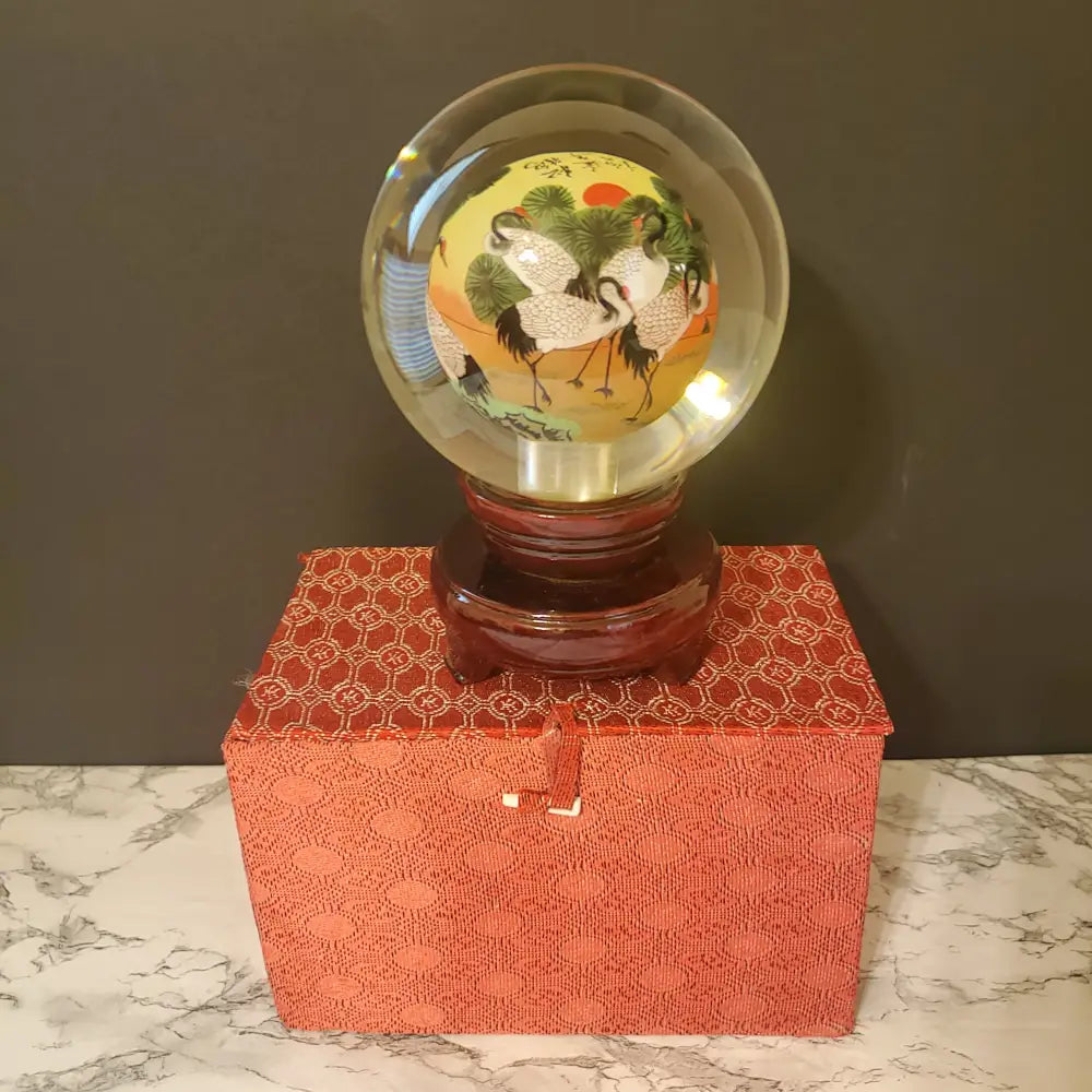 Crystal Ball Reverse Painted Heron Art Asian Vintage Decor