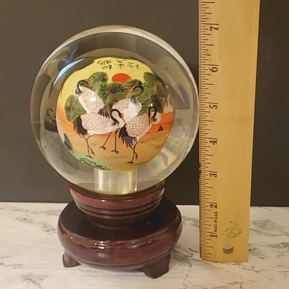 Crystal Ball Reverse Painted Heron Art Asian Vintage Decor