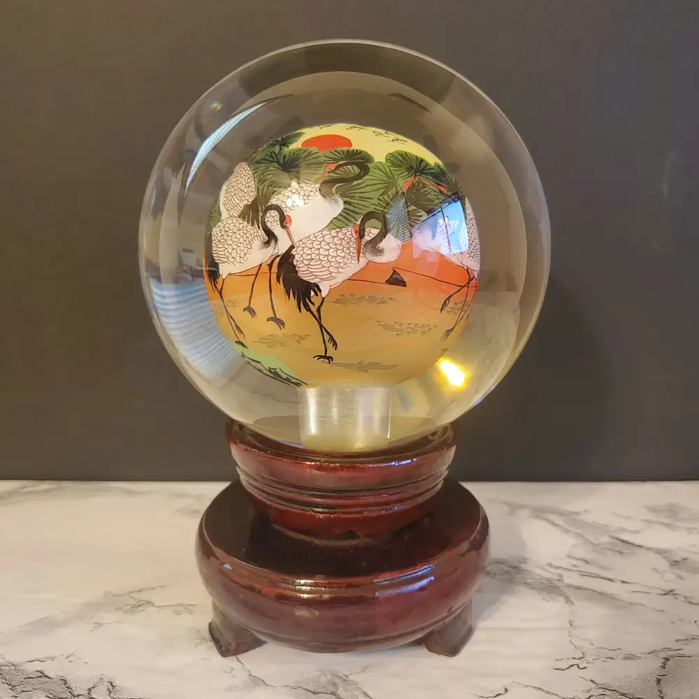 Crystal Ball Reverse Painted Heron Art Asian Vintage Decor