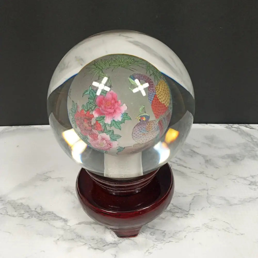 Reverse Painted Peacock Crystal Ball With Stand ( Vintage ) Decor