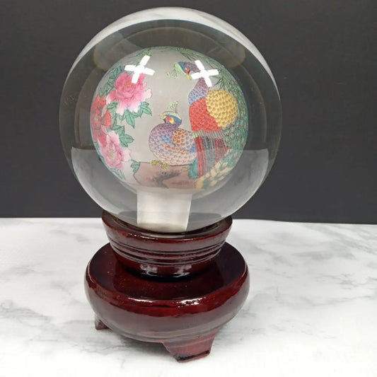Reverse Painted Peacock Crystal Ball With Stand ( Vintage ) Decor