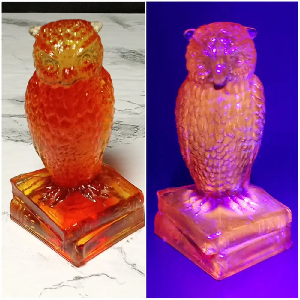 Degenhart Paperweight Wise Owl Uv Reactive Amberina Glass ( Vintage ) Decor
