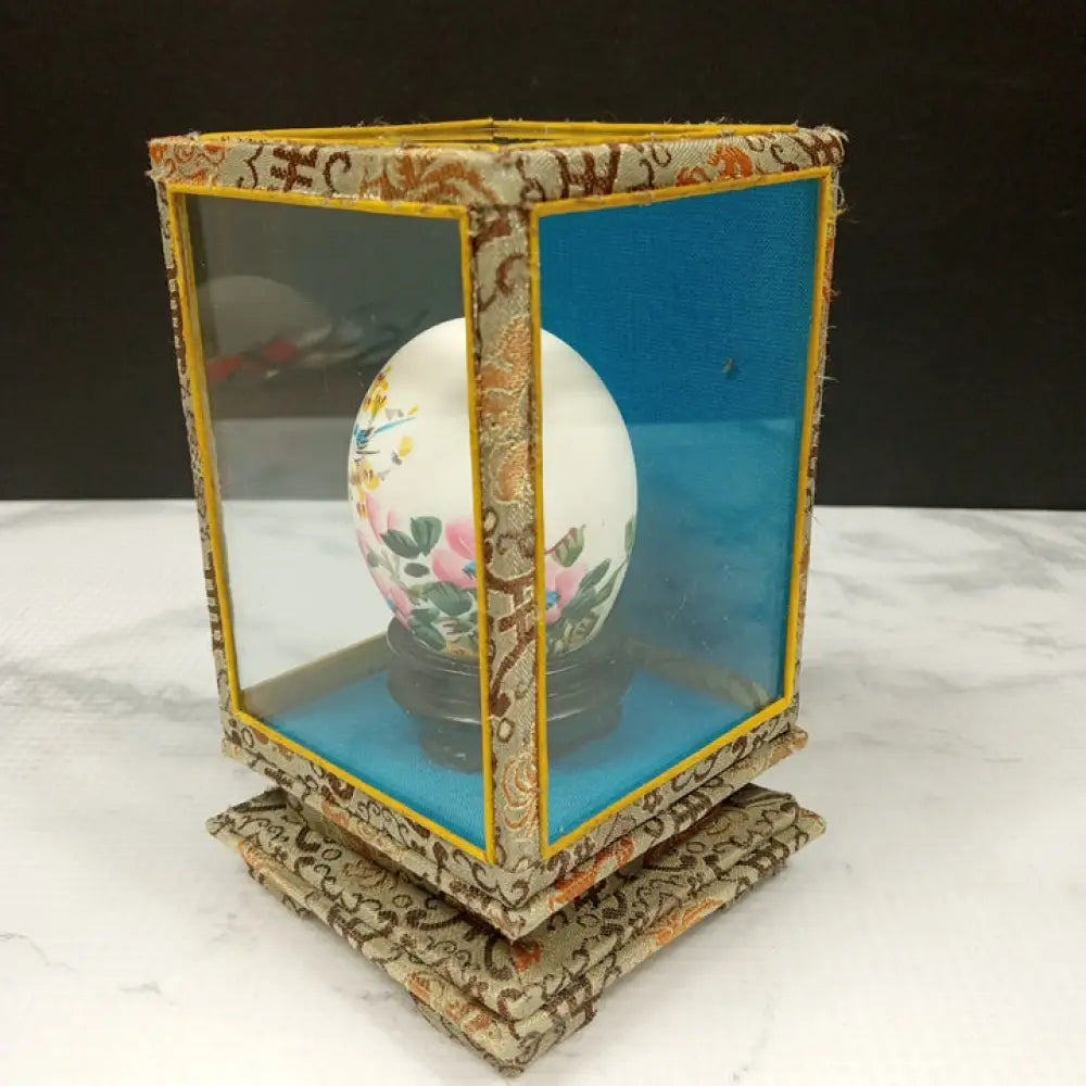 Hand Painted Signed Egg Shell In Glass Case ( Vintage ) Decor