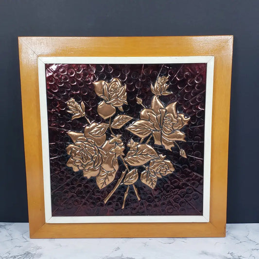 Embossed Copper Roses Artist Signed Vintage Decor