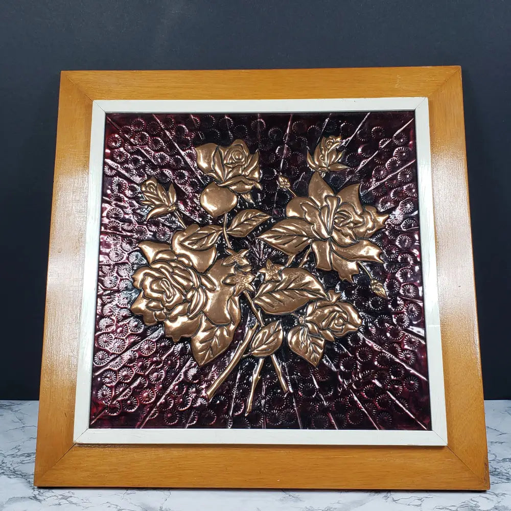 Embossed Copper Roses Artist Signed Vintage Decor