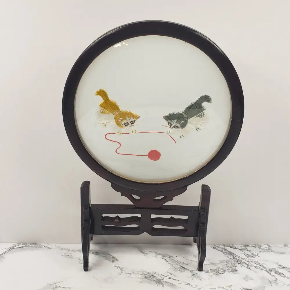Embroidered Silk Kittens Playing Asian Wood Glass Vintage Decor