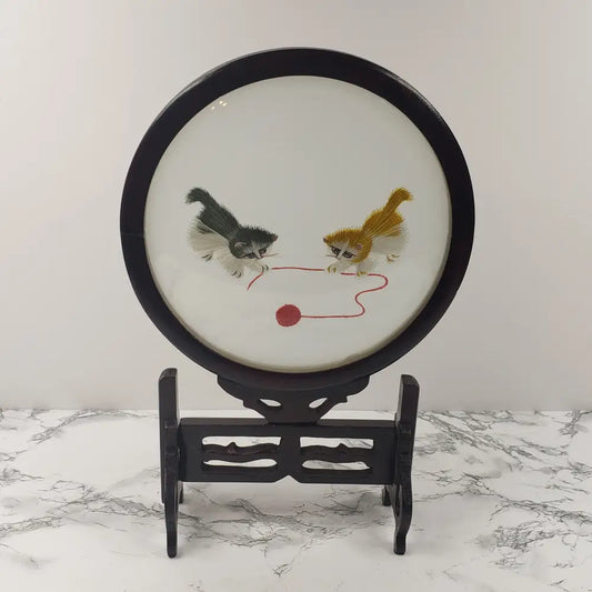 Embroidered Silk Kittens Playing Asian Wood Glass Vintage Decor