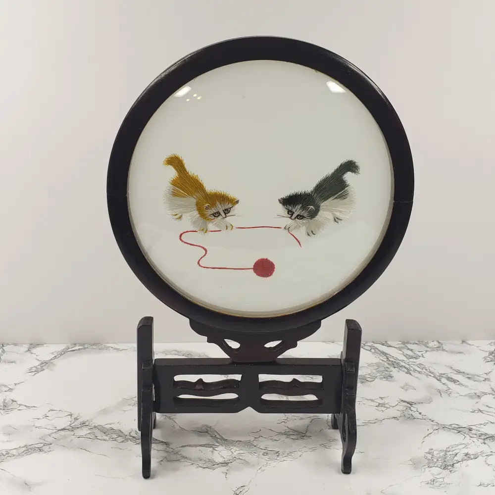 Embroidered Silk Kittens Playing Asian Wood Glass Vintage Decor