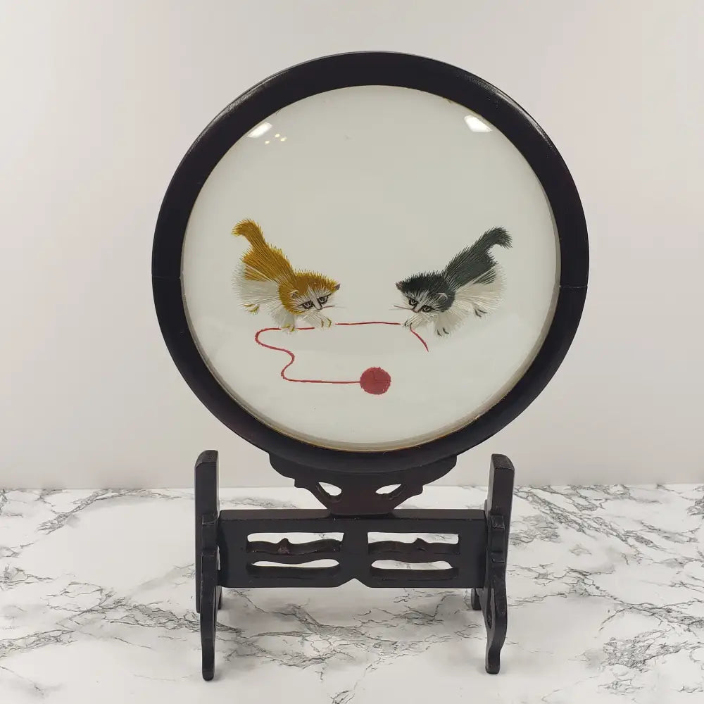 Embroidered Silk Kittens Playing Asian Wood Glass Vintage Decor