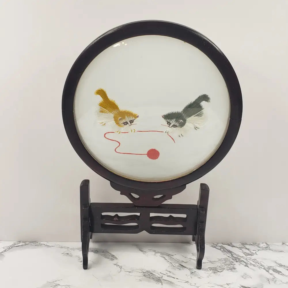 Embroidered Silk Kittens Playing Asian Wood Glass Vintage Decor