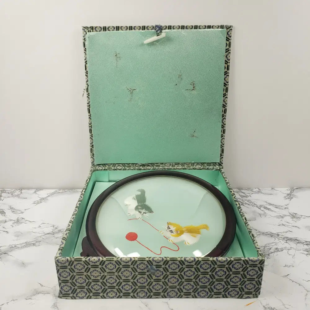 Embroidered Silk Kittens Playing Asian Wood Glass Vintage Decor