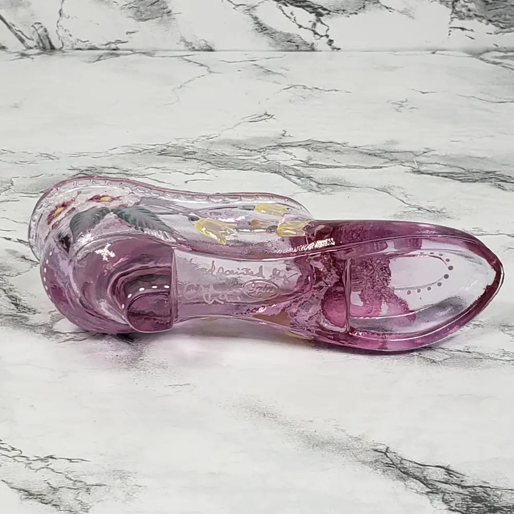 Fenton Glass Shoe Hand Painted Artist Signed Vintage Collectibles